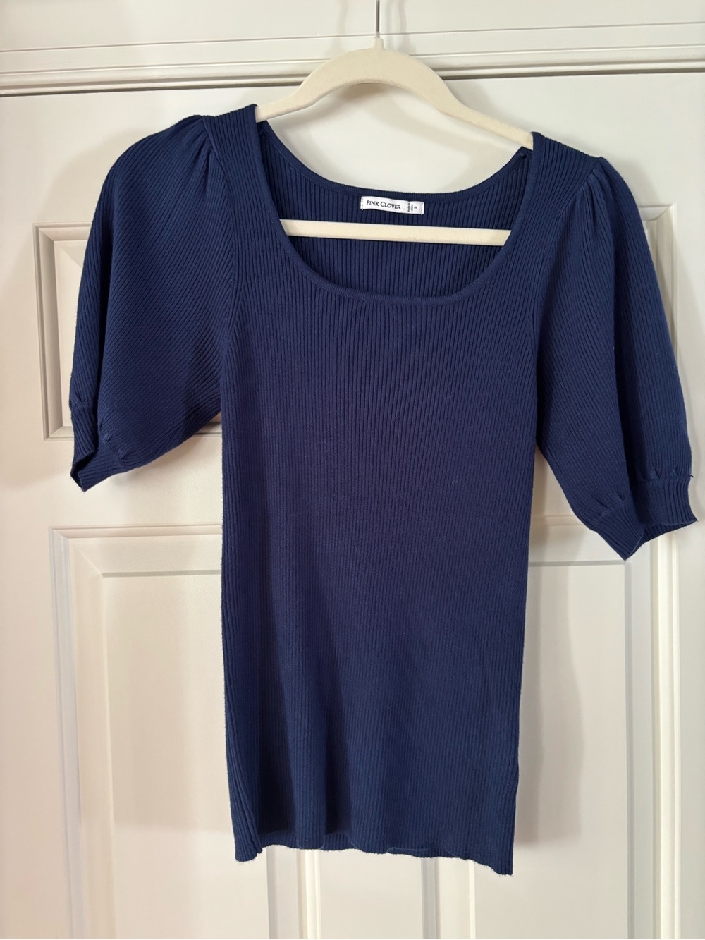 Pink Clover Navy Ribbed Scoop Puff Sleeve Top